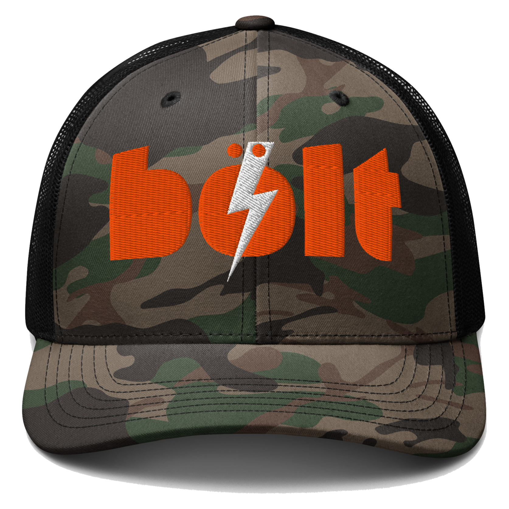 Camo Bölt cap with orange wordmark